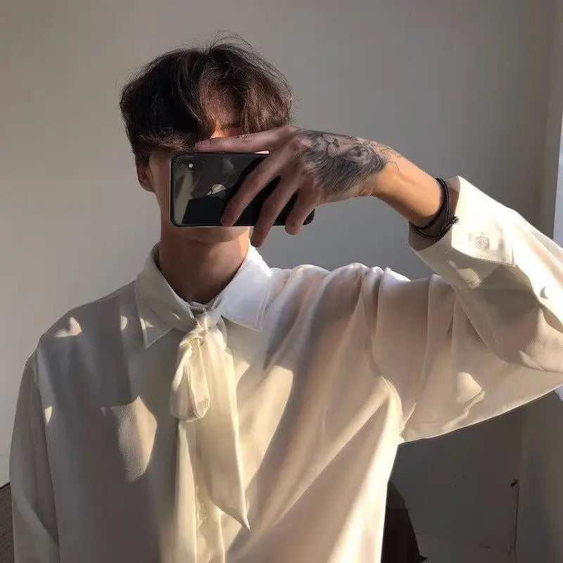 Threebooy Japanese Fashion High-end White Shirts Men Women Korean Version 2025 New Trendy Design Solid Color Handsome Long-sleeved Tops