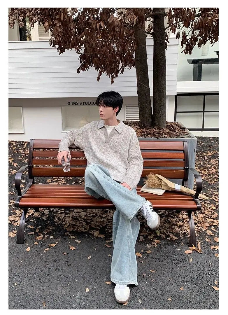 Threebooy Korean style spring and autumn men and women trendy street collar pullover sweater for couples loose retro street casual simple