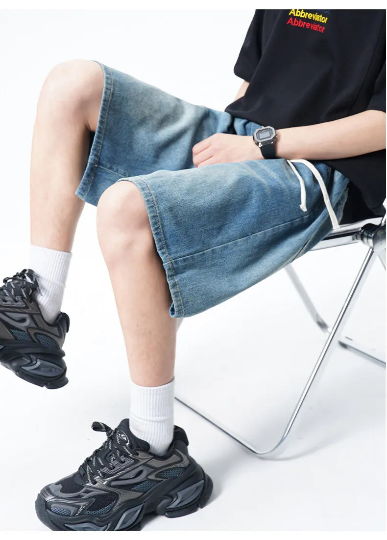 Threebooy Mens Denim Shorts Elastic Waist Drawstring Washed Classic Casual Summer Streetwear Vintage Stonewash Comfort Fit 2025 Fashion