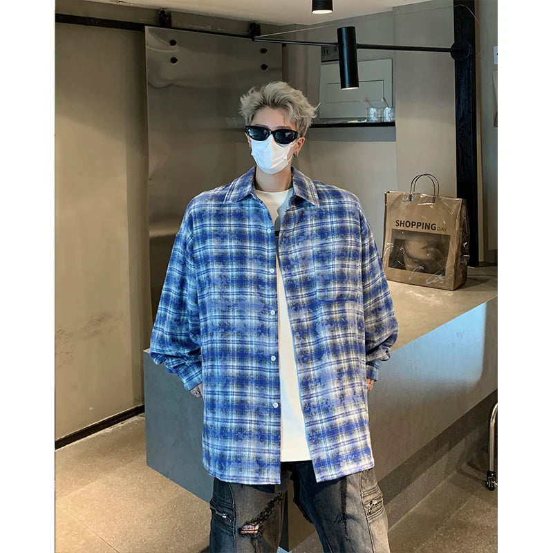 Threebooy Men Shirt Plaid Tie-dye Long Sleeve Mens Casual Loose Shirt Autumn High Quality Oversized Male Checked Shirt Red/Blue/Gray