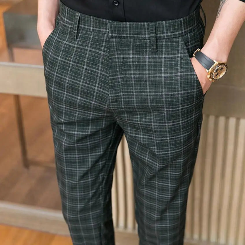 Threebooy Spring Business Casual Pants Korean Version Nine Pants Fashion Man Plaid Trousers Men High-Quality Social Slim Suit Pants