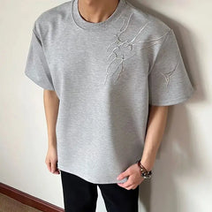 Threebooy Flower Grey Lightning Embroidered Short-sleeved Men's 2025 Summer Versatile Shoulder T-shirt Five-point Sleeve T-shirt Bottoming