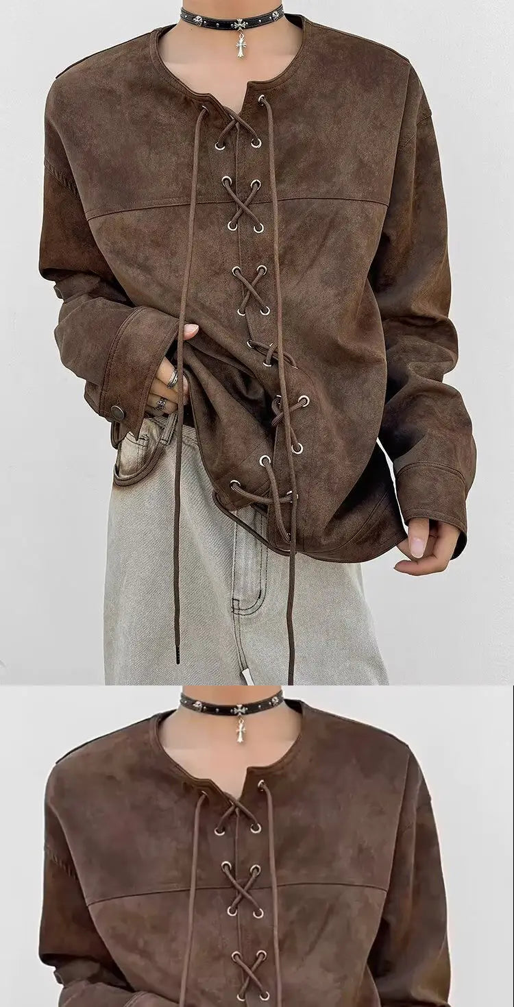 Threebooy Drawstring Double-breasted Shirt Back Fly Design Top American Retro Brown Motorcycle Leather Jacket Women Men's Jacket