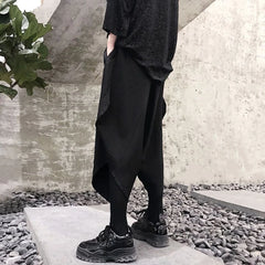 Threebooy Mens Dark Style Casual Irregular Cropped Pants 2024 New Genderless Trendy Personalized Solid Color Loose Wide Leg Pants Unisex