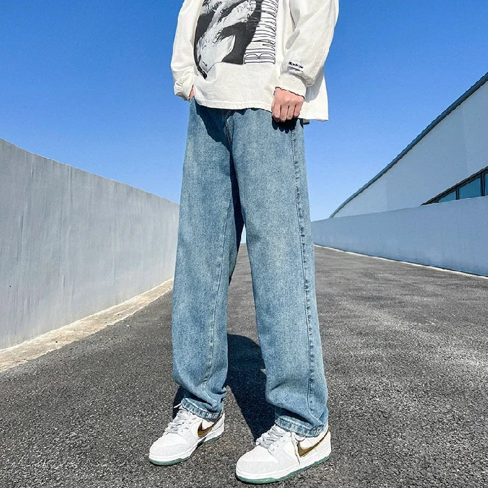 Threebooy  Men's Jeans Spring Autumn Extend Straight Vintage Blue Casual Baggy Jeans Korean Trousers Classic Wide Leg Fashion Denim Pants