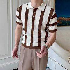 Threebooy  Men's Clothing Urban Fashion Striped Knit Polo Shirt Casual Business Slim Short Sleeve T-shirt Chic Hollow Out Breathable Tops
