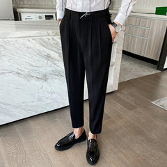 Threebooy Autumn Business Dress Pants Men High Waist Button Office Social Suit Pants Temperament Wedding Casual Slim Trousers 29-36