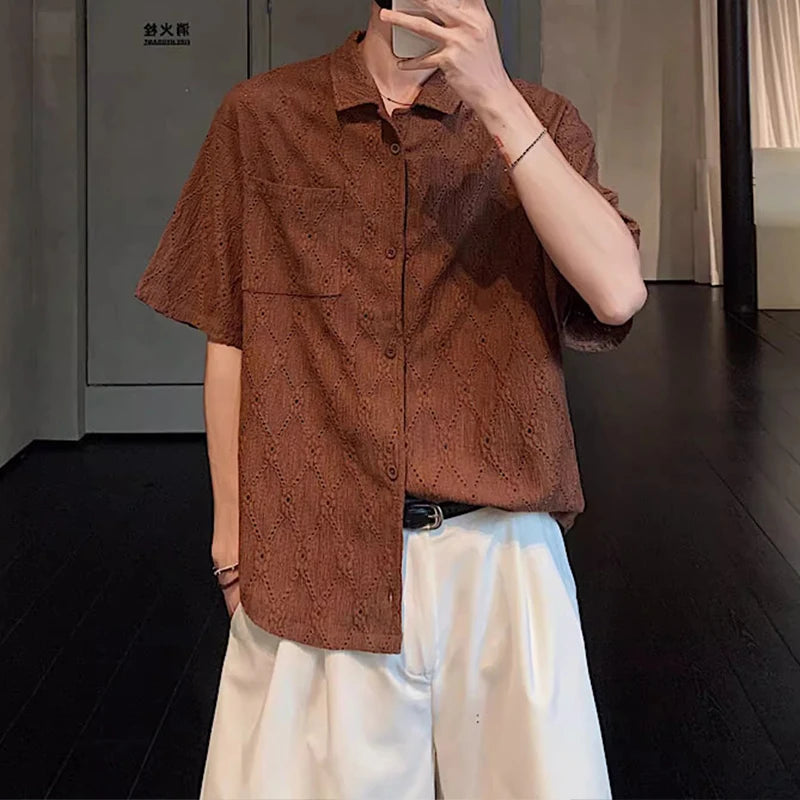 Threebooy  Summer Men's Clothing Light Luxury Jacquarded Suit Collar Shirts Streetwear Button-down Short Sleeve Retro Leisure Fashion M-3XL