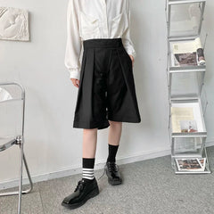 Threebooy New Niche Design Pasted High Waist Khaki Causal Wide Leg Shorts Summer Korean Trend Men's Knee Length Pants