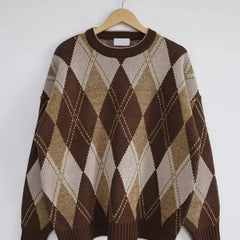 Threebooy  Autumn Men's Vintage Geometric Pattern Long Sleeve Sweater High Street Fashion Jacquard Knitwear Patchwork Y2K Knitted Pullovers