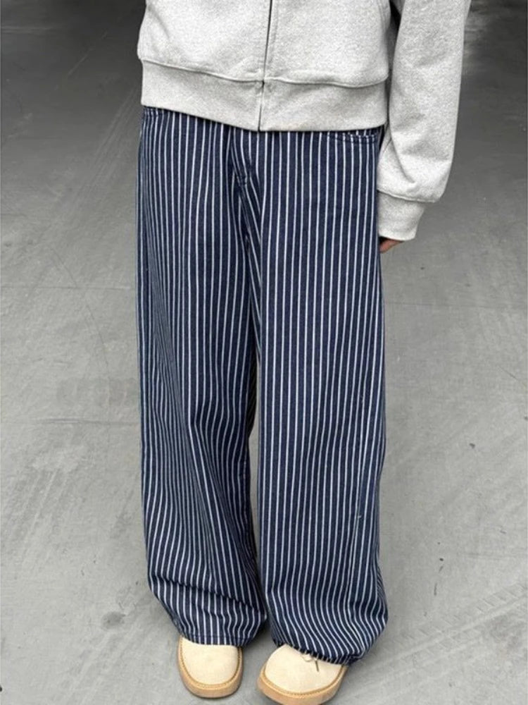 Threebooy  Vintage Blue Striped Jeans Women Y2k Hip Hop Grunge Straight Denim Trousers Punk High Waist Streetwear Wide Leg Jeans