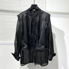 Threebooy Summer Dark Shirt Men Fashion Fake Two Piece Vest Stitching See Through Shirts Trendy Streetwear Long Sleeve Stand Collar Blouse