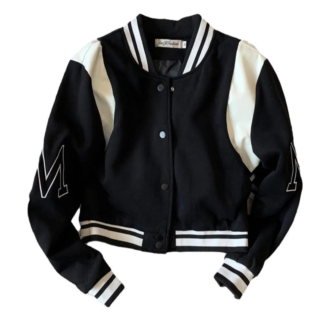 Threebooy American Fashion High-end Baseball Uniform Embroidered Letters Black White Color-blocking Niche Fat Girl Cardigan Top Coat Chic