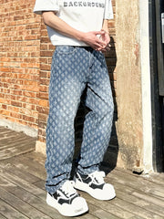 Threebooy  Vintage Blue Flared Jeans for Men, Autumn and Winter American High Street Vibe Pants, Versatile Straight-Leg Tapered Pants