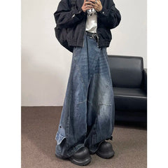 Threebooy Hip hop high street men and women trendy hip-hop straight leg washed jeans for couples loose retro casual wide leg pants Y2K