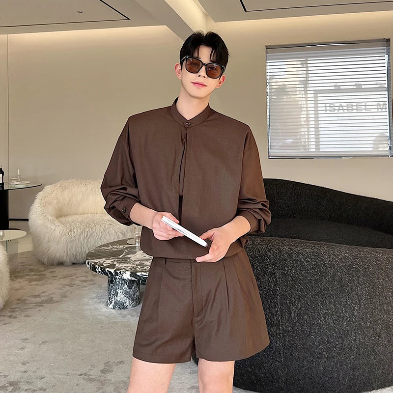 Threebooy Korea Fashion Spring Male Casual Casual Set Solid Color Personality Lapel Short Sleeve Men's Short Pants Top 2-piece set