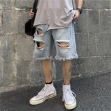 Threebooy Ripped Denim Shorts for Men Summer Ins Fashion Five-Point Pants Vintage Jeans Streetwear Male Trousers Casual Bottoms Plus Size