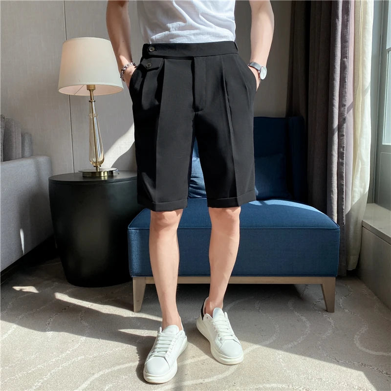 Threebooy  Summer New Elastic Waist Knee Length Business Formal Wear Straight Shorts Men Clothing Simple Slim Fit Casual Short Homme