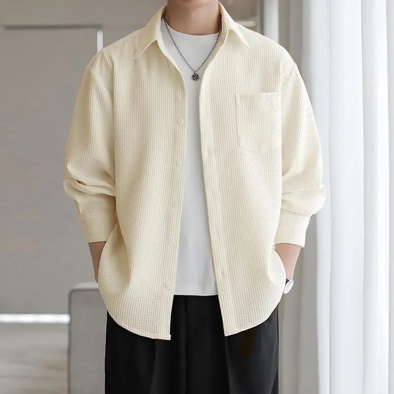 Threebooy  Spring Autumn Fashion Turn-down Collar Long Sleeve Solid Blouse Men's Clothing Korean All-match Button Simplicity Chic Shirts