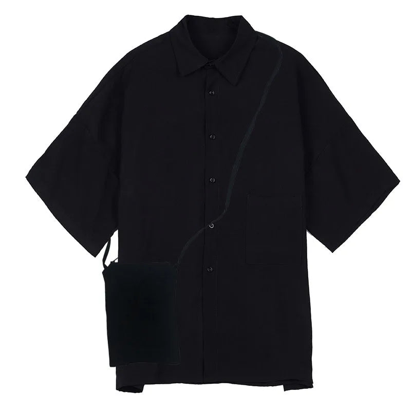 Threebooy Black Oversized Short Sleeve Shirt Men's Korean Style Drop Shoulder Shirt Harajuku Loose Single Breasted Shirt