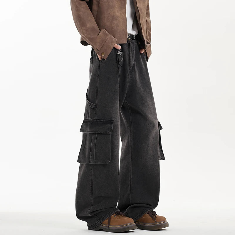 Threebooy Baggy Jeans Men Oversized Retro Pocket Cargo Jeans Men Streetwear Hip-hop Loose Wide Leg Jeans Mens Vintage Denim Trousers