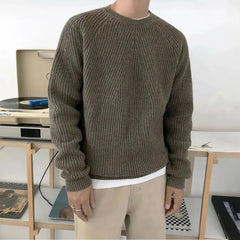 Threebooy Mens Autumn Winter Korean Style Loose Round Neck Knitted Sweater Gender-Neutral Trendy Casual Solid Color Simple Sweater Unisex