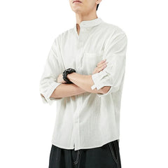 Threebooy  Line Shirt Men's Short-sleeved White Shirt Loose Chinese Style Summer Cotton Linen Casual Jacket Men's Quarter-sleeved Top