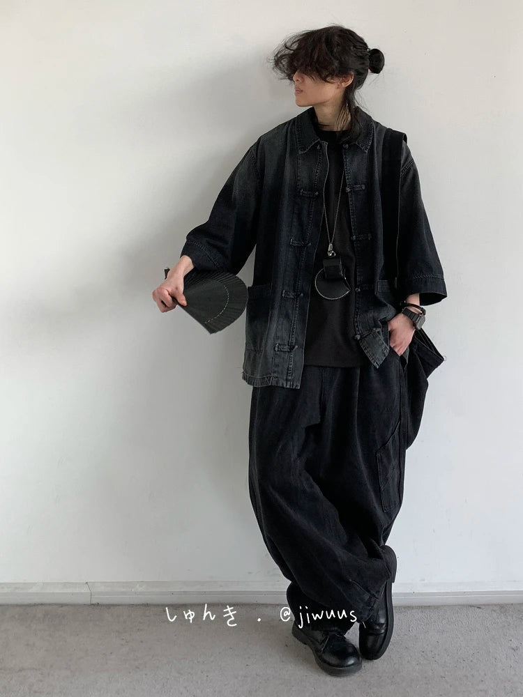 Threebooy New Summer New Chinese Style Old Denim Short-sleeved Shirt Korean Style Men Women Loose Retro Button-up Shirt Jacket Aesthetic