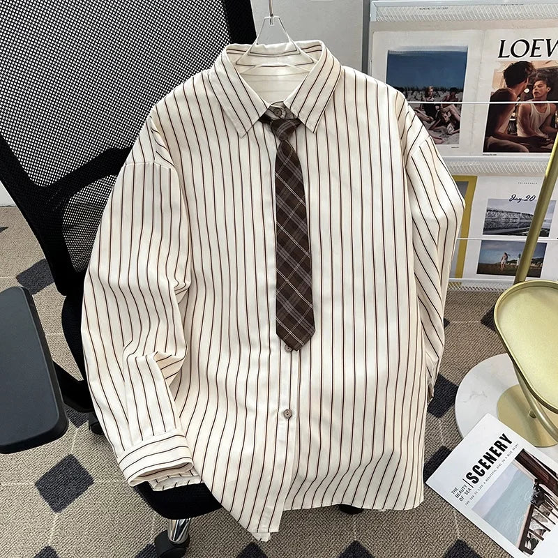 Threebooy  Retro Striped Men's Shirt Jacket Loose Fit Long Sleeve with Tie Spring Autumn Design Polyester Fiber Versatile All Seasons