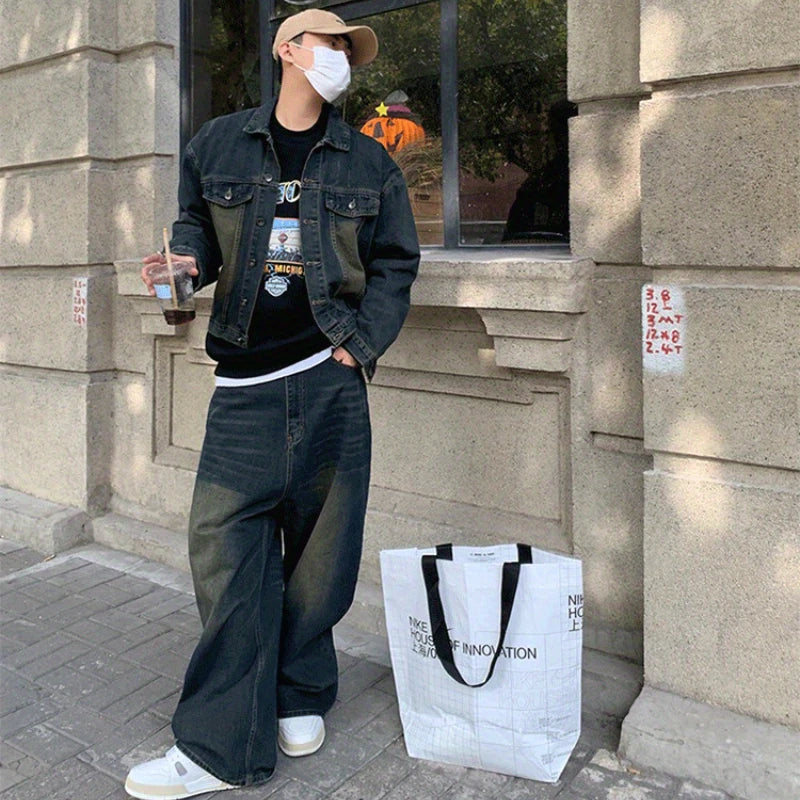 Threebooy Two Piece Set/single Piece Spring Autumn Jackets Jeans Tracksuit Trendy Vintage Loose Washed Old Jeans Set Male Street Outerwear