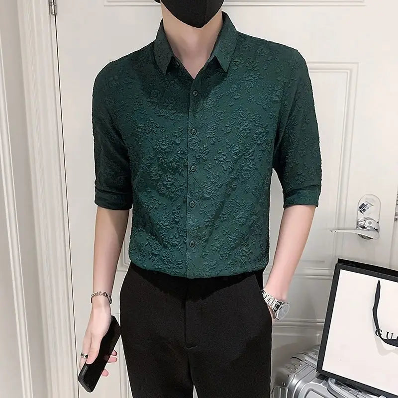 Threebooy  Summer Ice Silk Shirt Men's Versatile Ins Trendy Brand Half-sleeved Ins Casual Five-point Sleeve Handsome Mid-sleeved Shirt