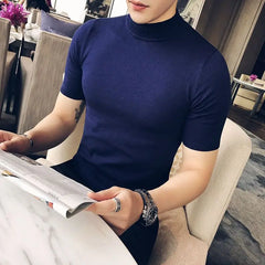 Threebooy  Half Turtleneck Men's T-Shirts Autumn Winter Short-sleeved Sweater Tight Mid-collar Solid Color Thread Slim Base Shirt