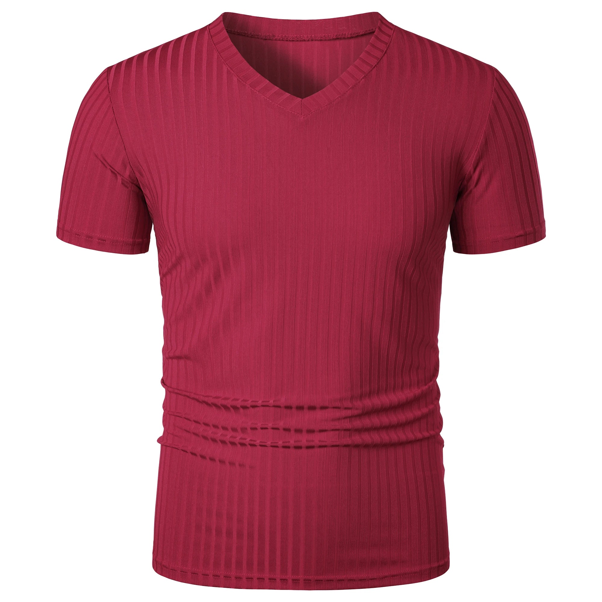 Threebooy  Men's running sports fitness wear summer high stretch vertical strip short sleeve V-neck slim knit base shirt