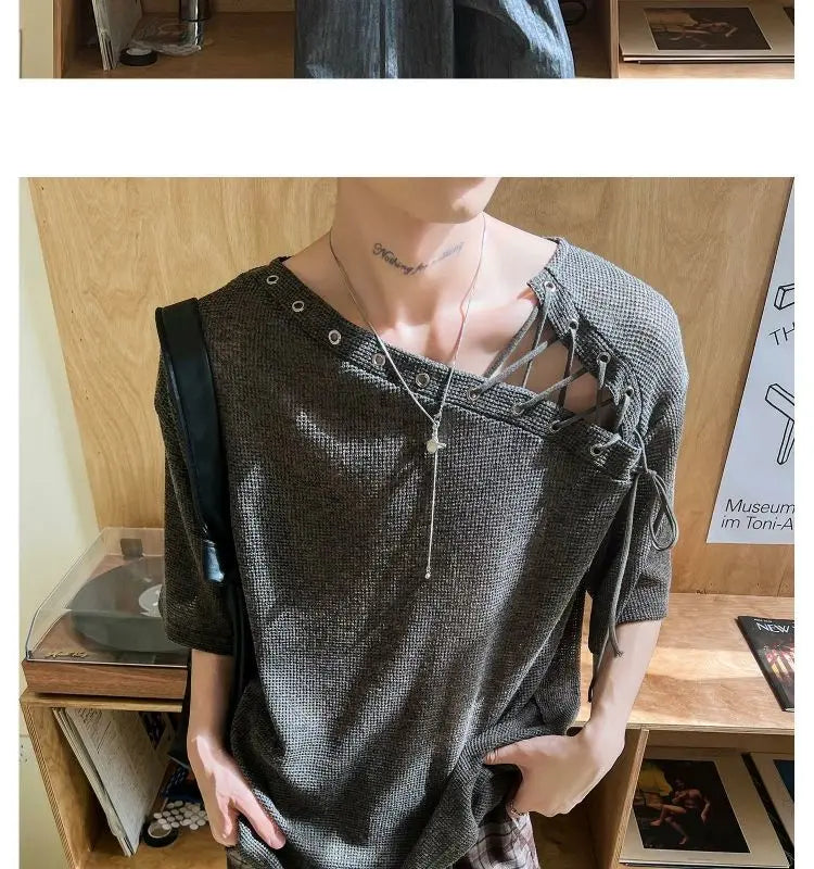 Threebooy Street Punk Shirt Off-shoulder Hollow T-shirt American 2025 New High-end Style Fashionable Casual Loose Short Sleeves