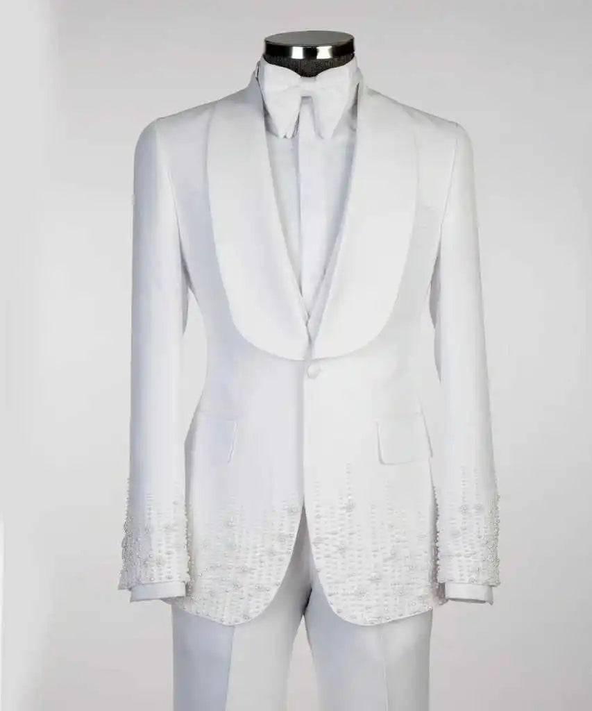 Threebooy  Minimalist Pearls Mens Suits 2 Pcs Blazer Pants Beaded Shawl Lapel Formal Occasions Wedding Groom Tuxedos