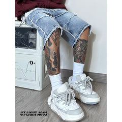 Threebooy Summer New Raw Edge Baggy Jeans Men Clothing High Street Vintage Washed Old Cargo Jeans Men Casual Straight Mens denim shorts