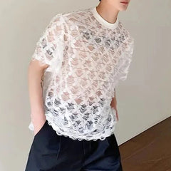 Threebooy Summer Men's O Neck T-shirt Loose Short Sleeve Sexy Sheer Lace Tee Shirts New Fashion 2024 New Trendy Menwear Unisex Pullover