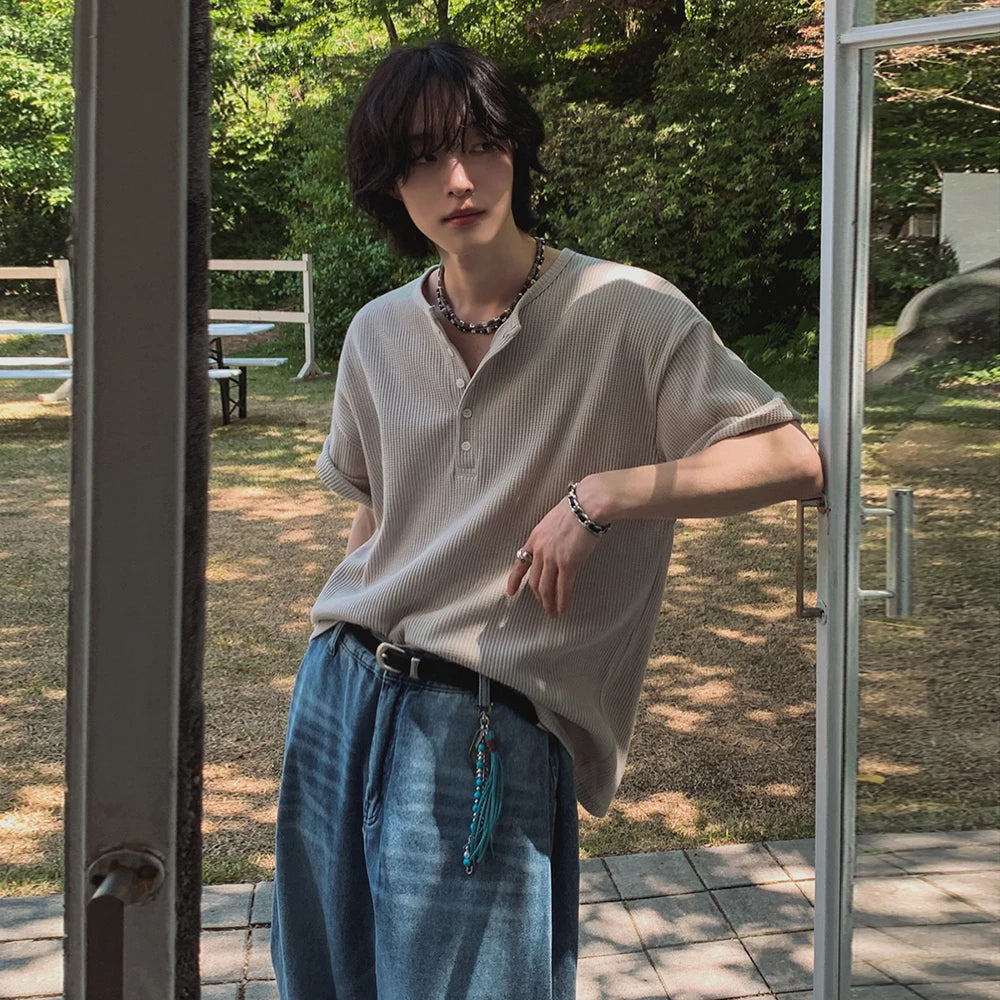 Threebooy Korean Simple Elegant Short-sleeved T-shirt Men's Summer Loose Casual Half-sleeved T-shirt High-end Commuting Outfit Chic Tees