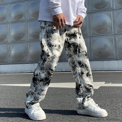Threebooy Mens Jean Fashion Printed jeans Spring Mopping Trousers Jeans Korean Style High Street Loose Hip Hop Wide-leg Jean Pants
