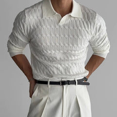 Threebooy  New American Fashion Jacquarded Men Polo Sweater Light Luxury V Neck Knit Solid Color Long-sleeved Tops Premium Quality Knitwear
