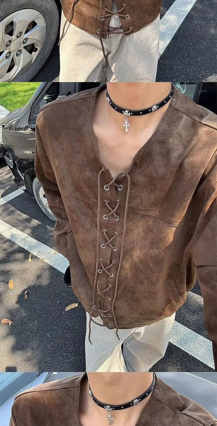 Threebooy Drawstring Double-breasted Shirt Back Fly Design Top American Retro Brown Motorcycle Leather Jacket Women Men's Jacket