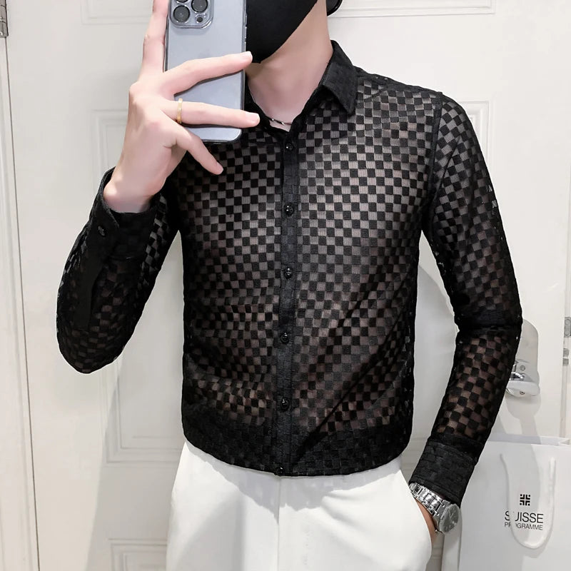 Threebooy  Men's Summer Hollow Out Lace Long Sleeve Shirts/Male Slim Fit High Quality Lapel Fashion Shirt Sexy Nightclub Shirt 4XL