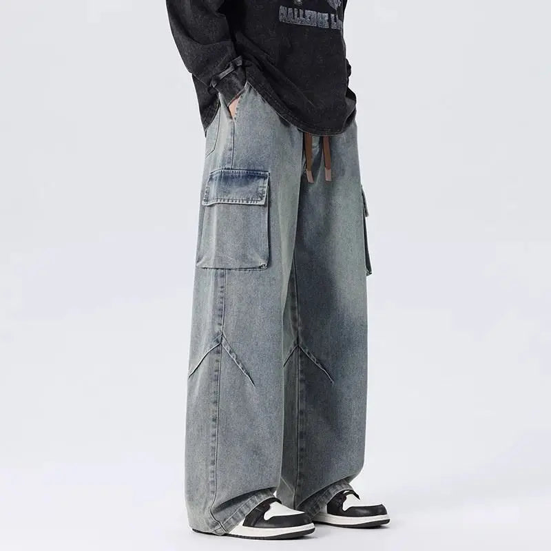 Threebooy 2025 Spring Men and Women Trendy workwear Straight leg denim pants for couples American hip-hop washed personalized casual pants