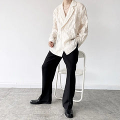 Threebooy Nude Shirt Neutral Flower Embroidery Loose Long Sleeve Lapel Shirt Men's and Women's Button Up Shirt Temperament Jacquard Top