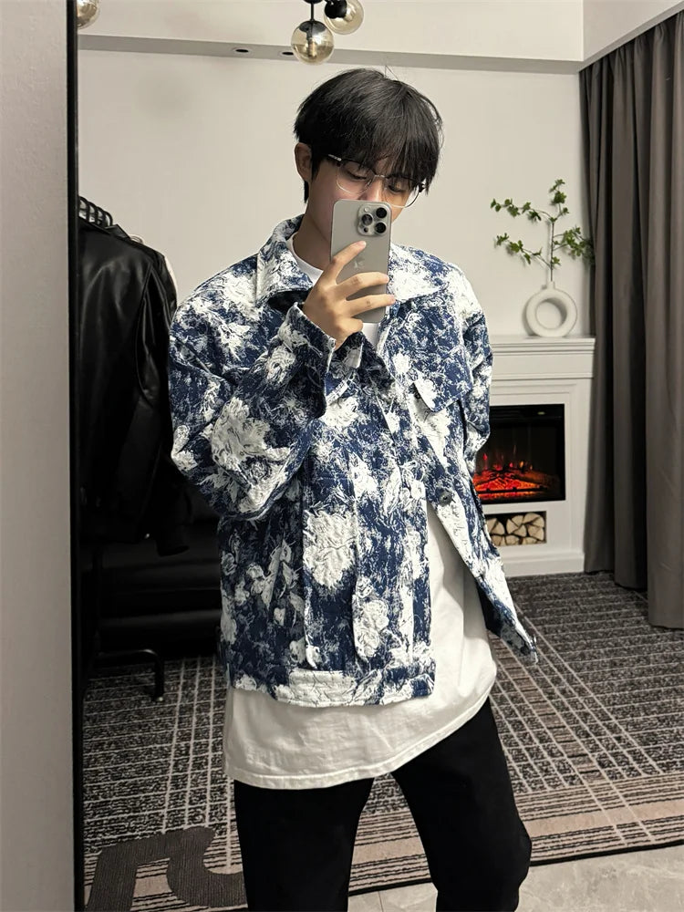 Threebooy  Korean Retro Vintage Jacquard Short Shoulder Pad Denim Jacket Men's American Style High-end Design Street Jacket Aesthetic Chic