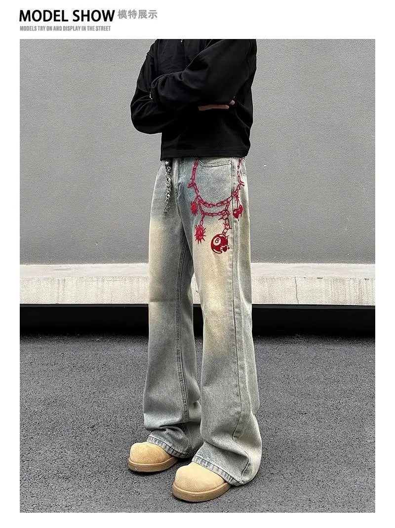 Threebooy American retro men and women trend personalized embroidered straight leg washed jeans couple spring and autumn casual pants y2k