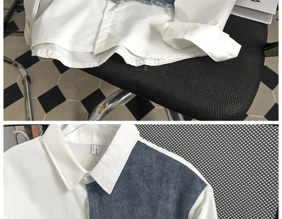 Threebooy Japanese High-end Denim Jacket Spliced Long-sleeved Shirt Men's Niche Design Sense High Street Couple Loose Casual White Shirt