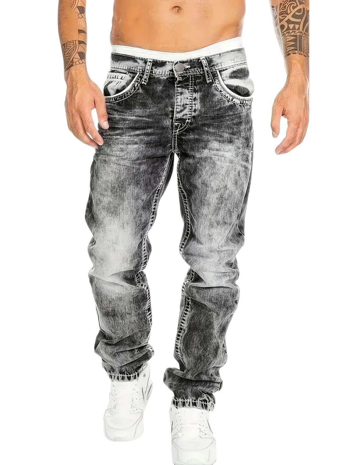 Threebooy  1pc Men's Casual Slim-Fit Stretch Jeans, Fashionable Street-Style Gradient Denim Pants with Washed-Out Look, Regular Fit, Machin