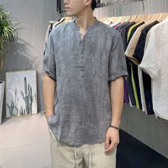 Threebooy  Summer New Loose V-neck New Chinese Retro Men's Patchwork Button Fashion Solid Color Loose Casual Short Sleeved Shirts