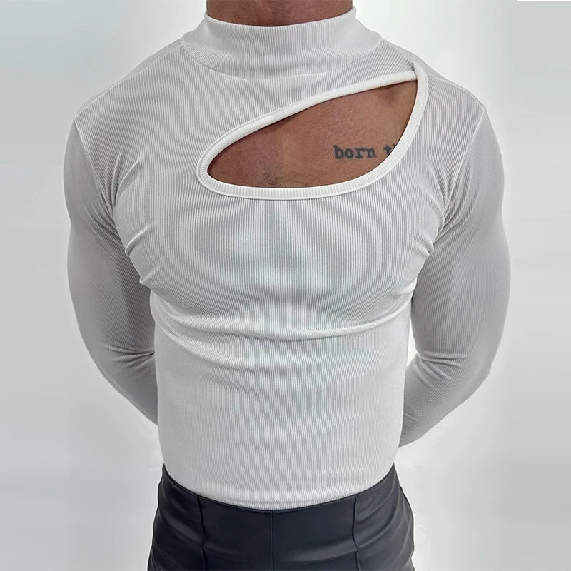 Threebooy  Autumn Clothing Men's Bodysuits Hollow Out Turtleneck Long Sleeve T Shirt Streetwear Sexy Solid Color Ripped Fashion Basic Shirt